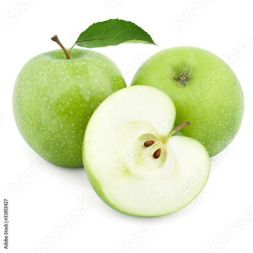 Two green apples and half of apple Isolated