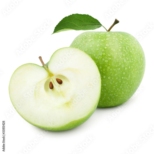 Green apples and half of apple Isolated on a white background.