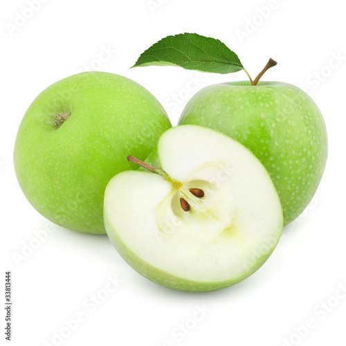 Two green apples and half of apple Isolated