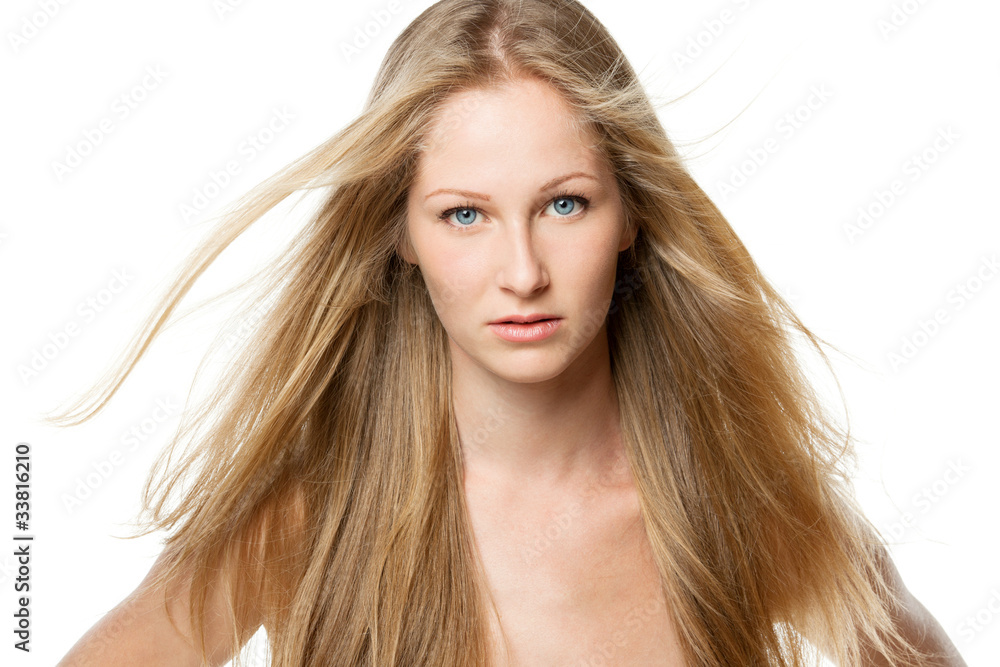 Closeup portrait of beautiful female model with flying hair Closeup portrait of beautiful female model with flying hair