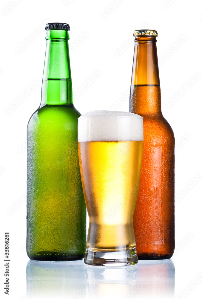 Brown and green bottles full of condensate and covered with a gl Brown and green bottles full of condensate and covered with a gl