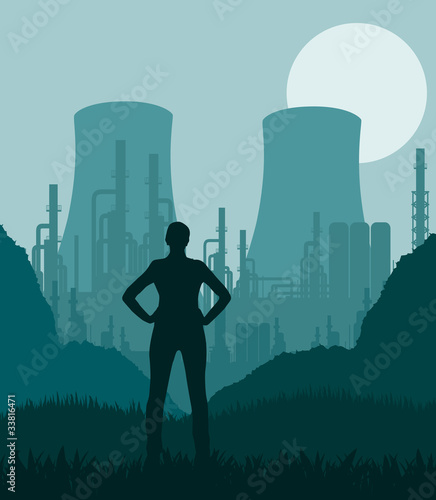 Young women in nuclear power plant foliage illustration