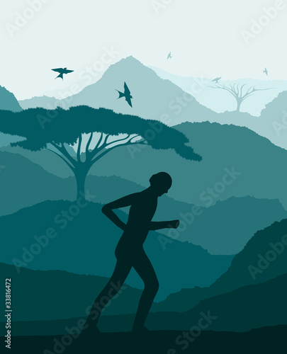 Healthy running women in wild africa foliage illustration
