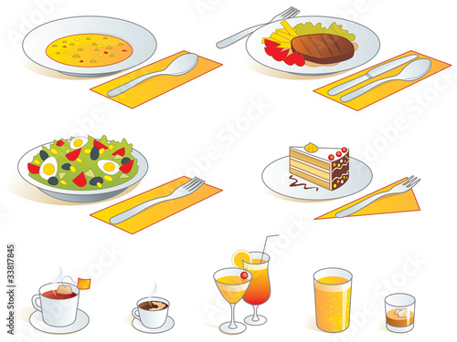 Restaurant food  - soup, main dish, salad, dessert, drinks