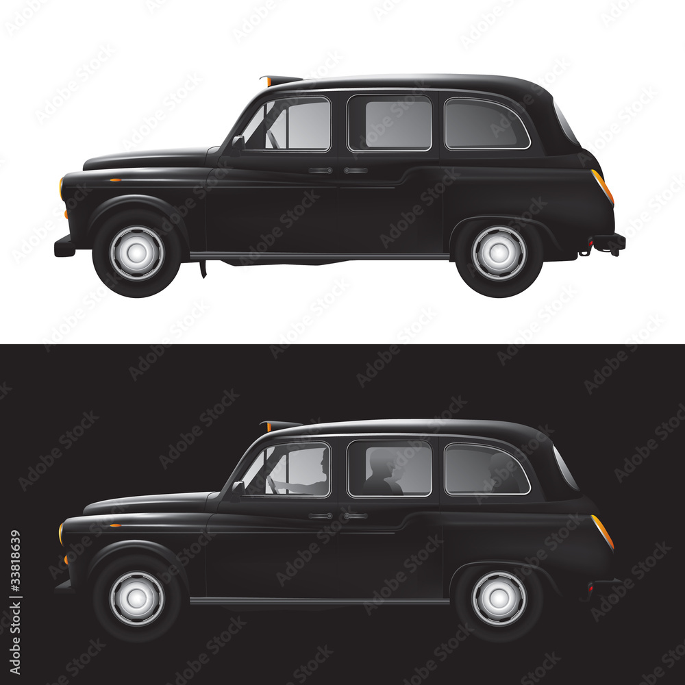 Fototapeta premium Symbol Londynu - czarna taksówka - na białym tle - biznesmen - bankierzy
