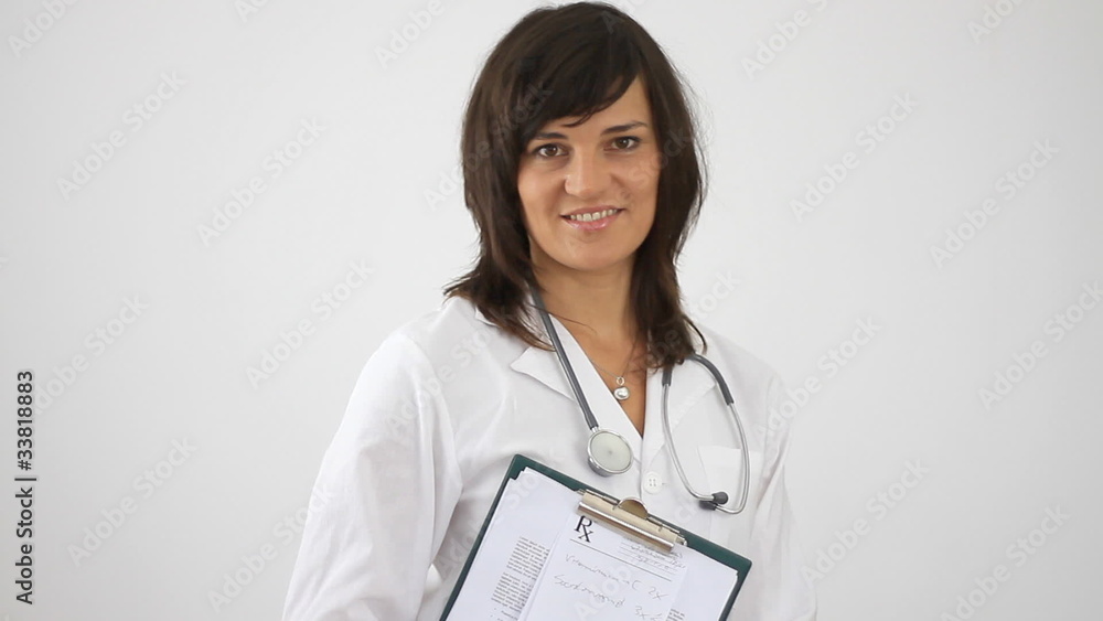 Portrait of happy smiling female doctor with clipboard, Portrait of happy smiling female doctor with clipboard,