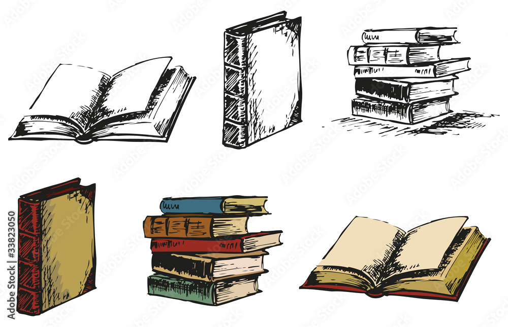 Fototapeta premium Few old books. Pen sketch converted to vectors.