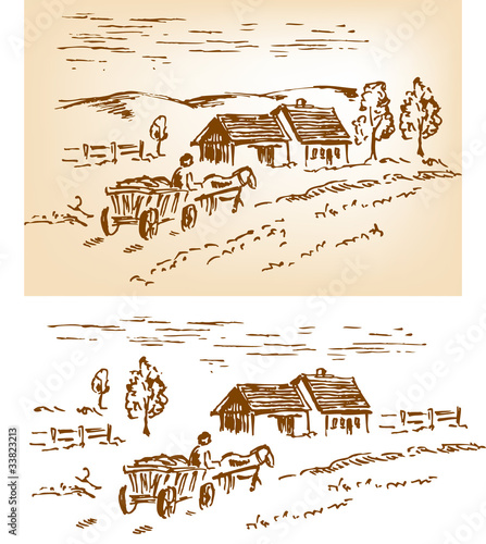 Rural landscape with house, horse and cart