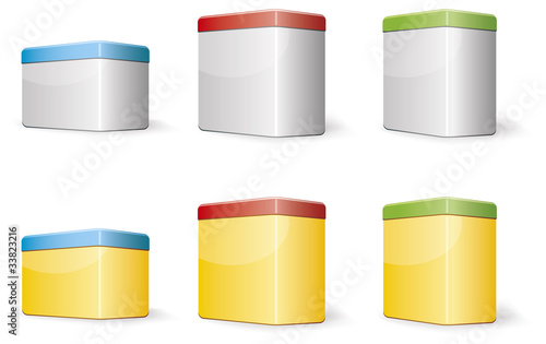 Rectangular boxes. Empty metal cans with color covers.