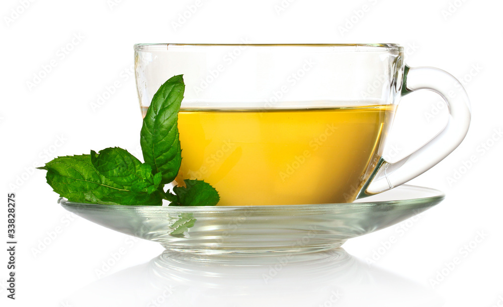 nice cup of tea and mint isolated on white nice cup of tea and mint isolated on white