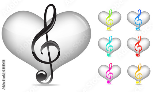 set of white music note with blue heart isolated on white