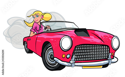 Cartoon of blonde girl driving a sports car