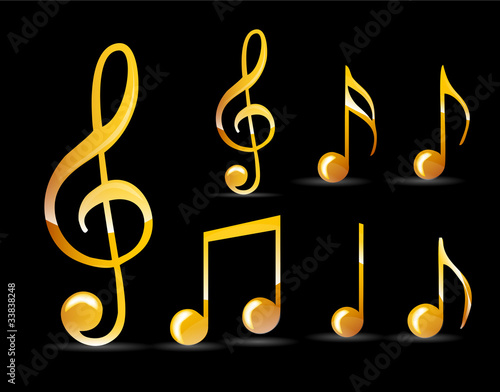 set of gold music note isolated on black background