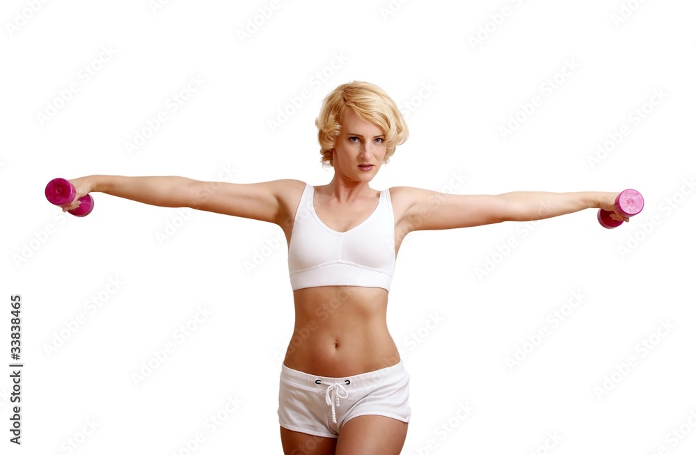blond woman with dumbbell (white background) blond woman with dumbbell (white background)