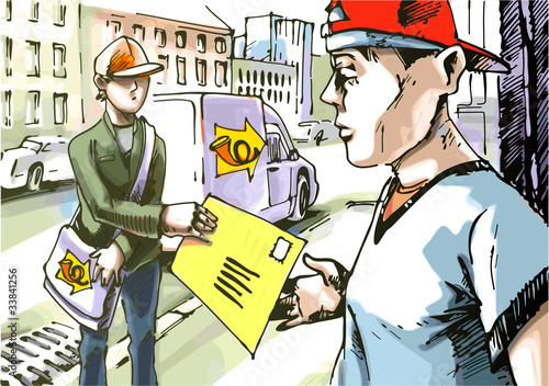The postman is giving a mail to the guy.