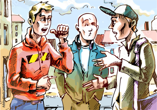 The three men are talking on the street.