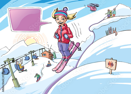 The smiling girl is freeriding in the big mountains