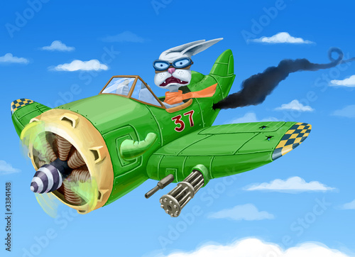 The green fighter plane with a rabbit in a cabin is falling down
