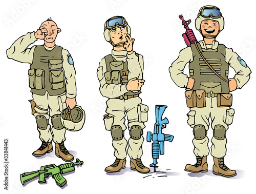 There is the three soldiers in the US army uniform