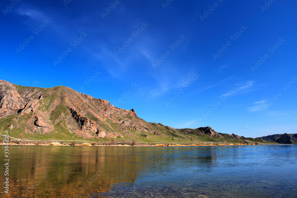 landscape river, mountain and blue sky