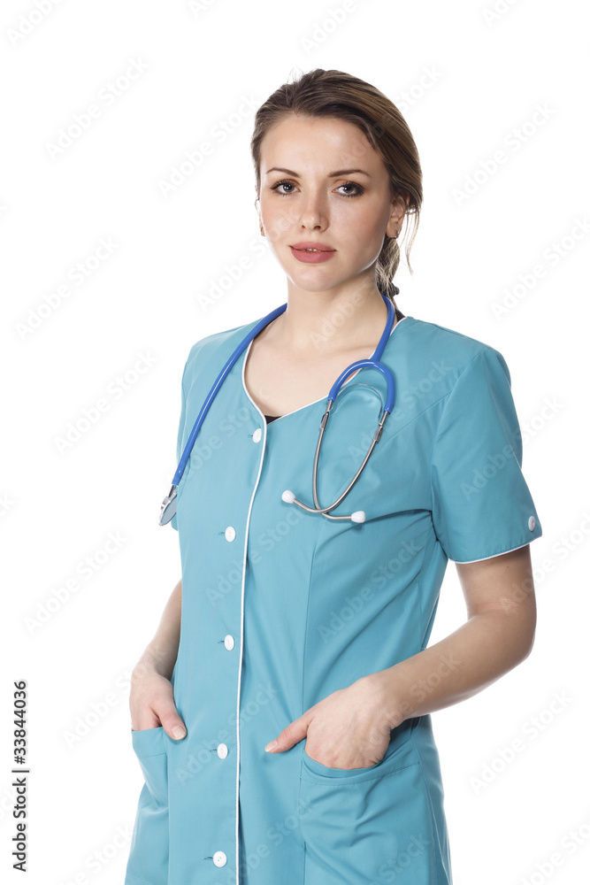 Woman doctor posing against white background Woman doctor posing against white background