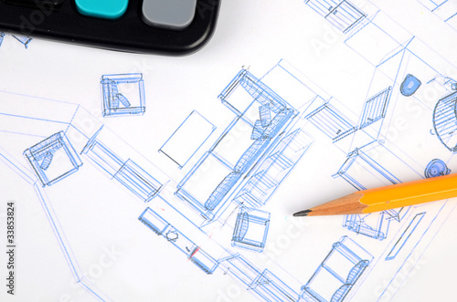 Pencil,calculator and house plan
