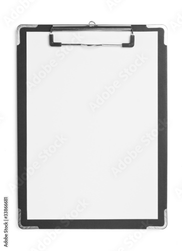 Black clipboard with white paper isolated on whtie