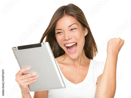 Tablet woman excited