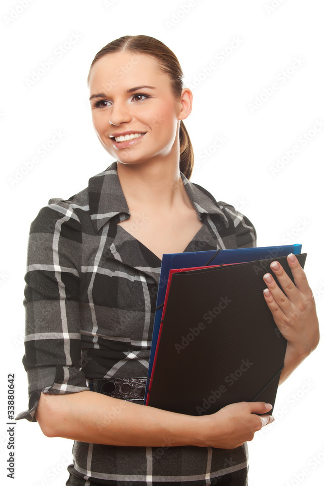 Positive business woman holding documents Positive business woman holding documents