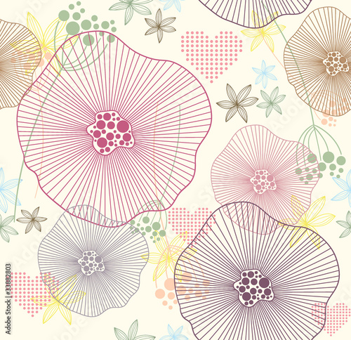 Cute colorful seamless pattern with flowers and hearts
