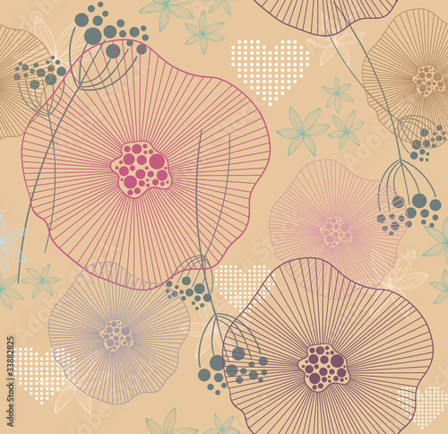 Cute seamless colorful pattern with flowers and hearts.