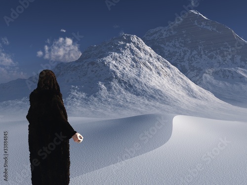 Obraz na plátně Traveller in bearskin cloak surveys frozen landscape