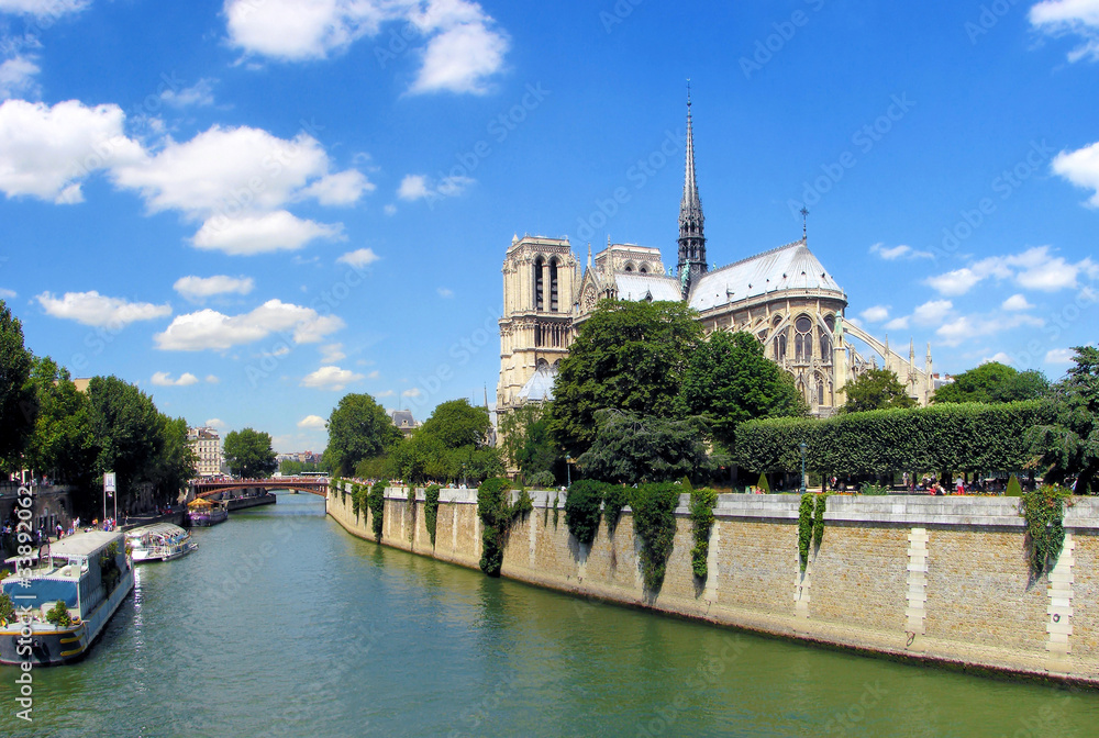 Naklejka premium panorama of paris, cathedral notre dame de paris, river Seine, b