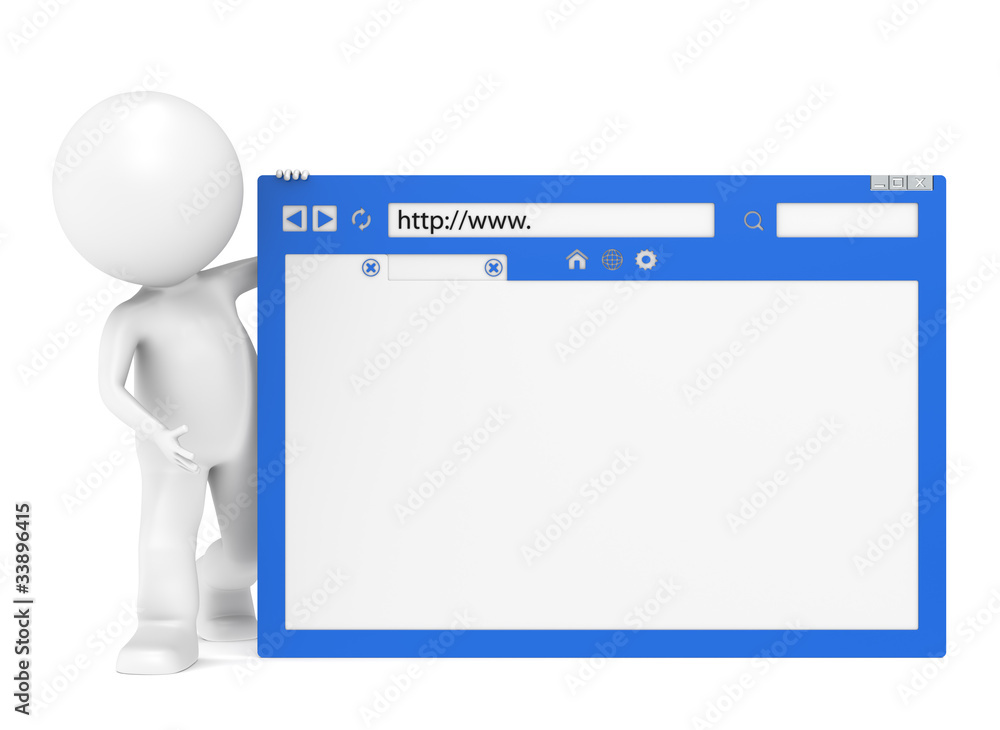 3D Little Human Character and a Browser Window 3D Little Human Character and a Browser Window