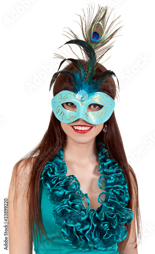 brunette girl in a blue dress and mask