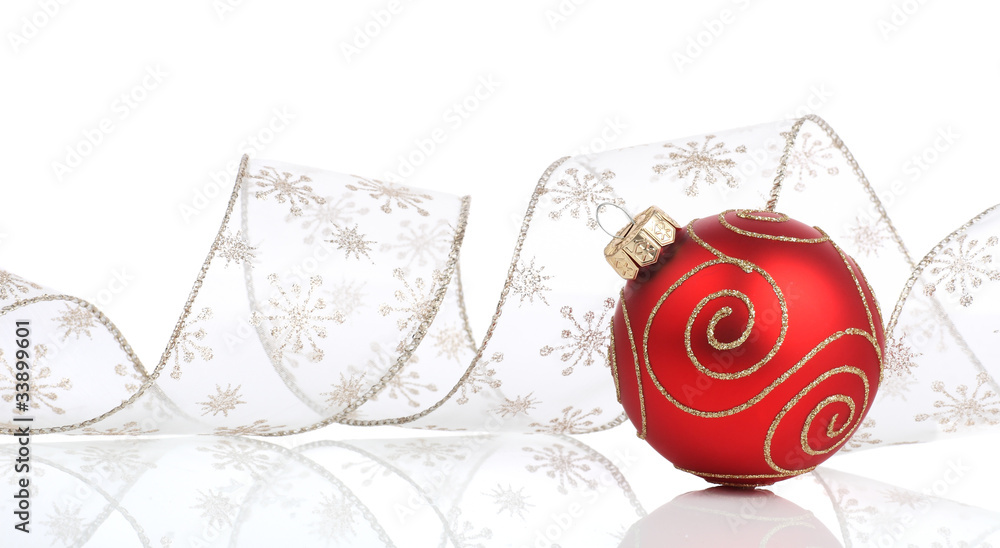 Red christmas bauble with ribbon Red christmas bauble with ribbon