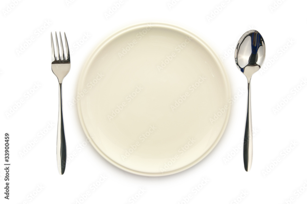 empty white dish spoon and fork on white background empty white dish spoon and fork on white background