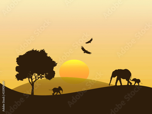 Ilustra    o - elefantes em   frica no final da tarde