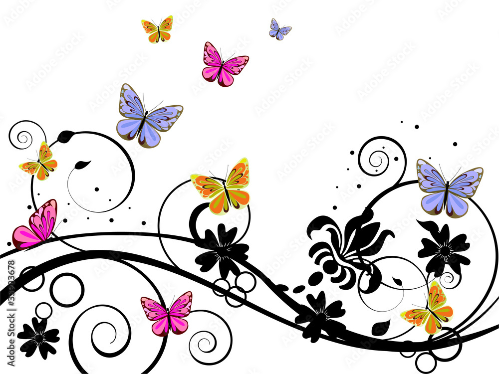Florales Design mit bunten Schmetterlingen