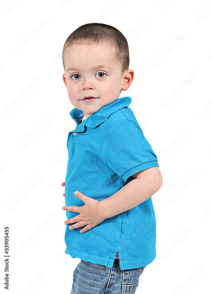 Cute little boy posing for camera on white background Cute little boy posing for camera on white background