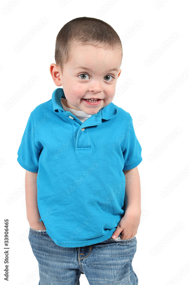 Cute little boy posing for camera on white background Cute little boy posing for camera on white background