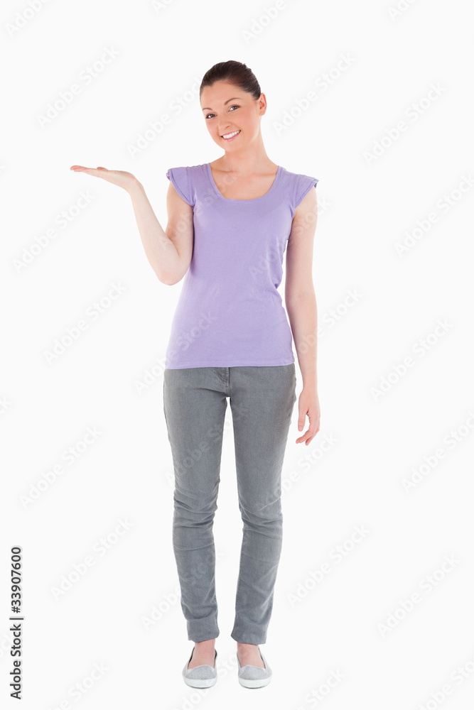 Beautiful woman showing a copy space Beautiful woman showing a copy space