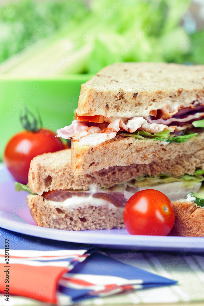 Sandwiches with bacon, and veg, close-up shot Sandwiches with bacon, and veg, close-up shot