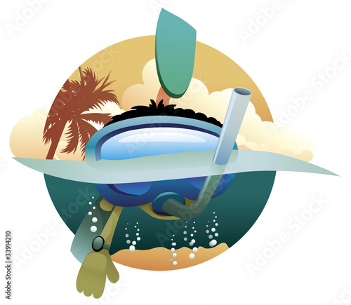 Kid-diver is swimming with a mask and flippers