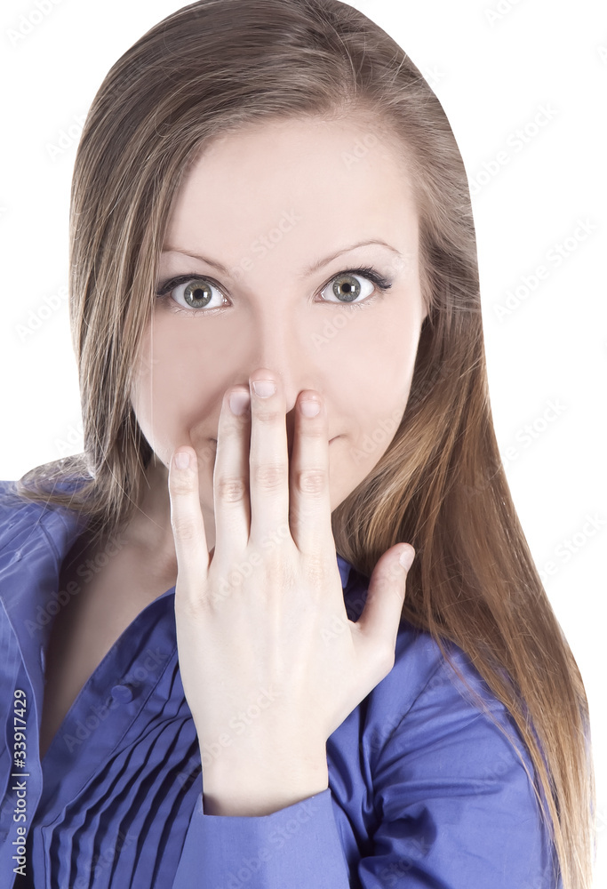 bright picture of young woman with hands over mouth bright picture of young woman with hands over mouth