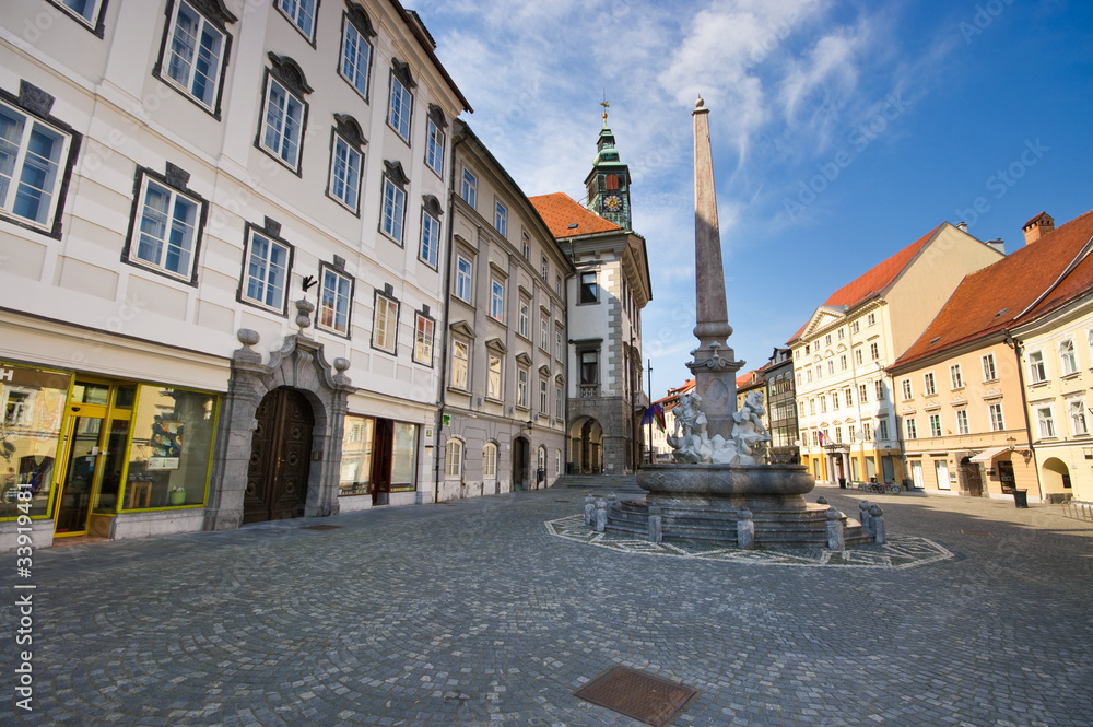 Square with monument in Ljubljana, Slovenia