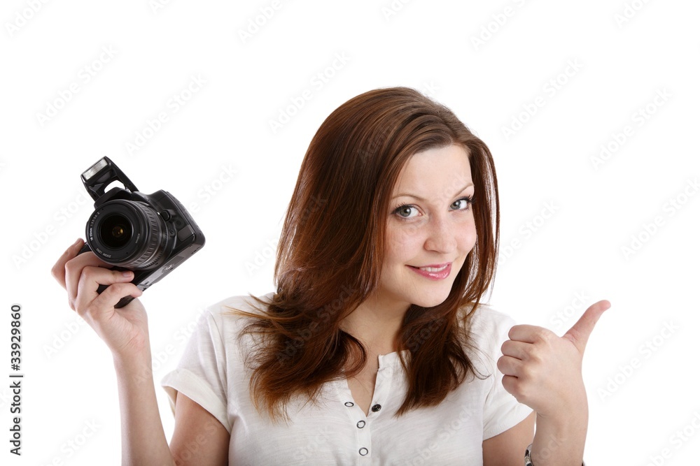young woman with single-lens reflex camera (white background) young woman with single-lens reflex camera (white background)