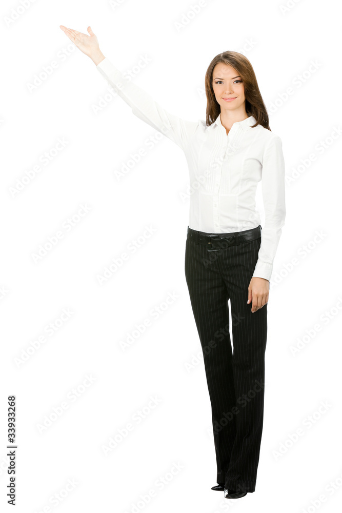 Full body portrait of business woman showing, isolated Full body portrait of business woman showing, isolated