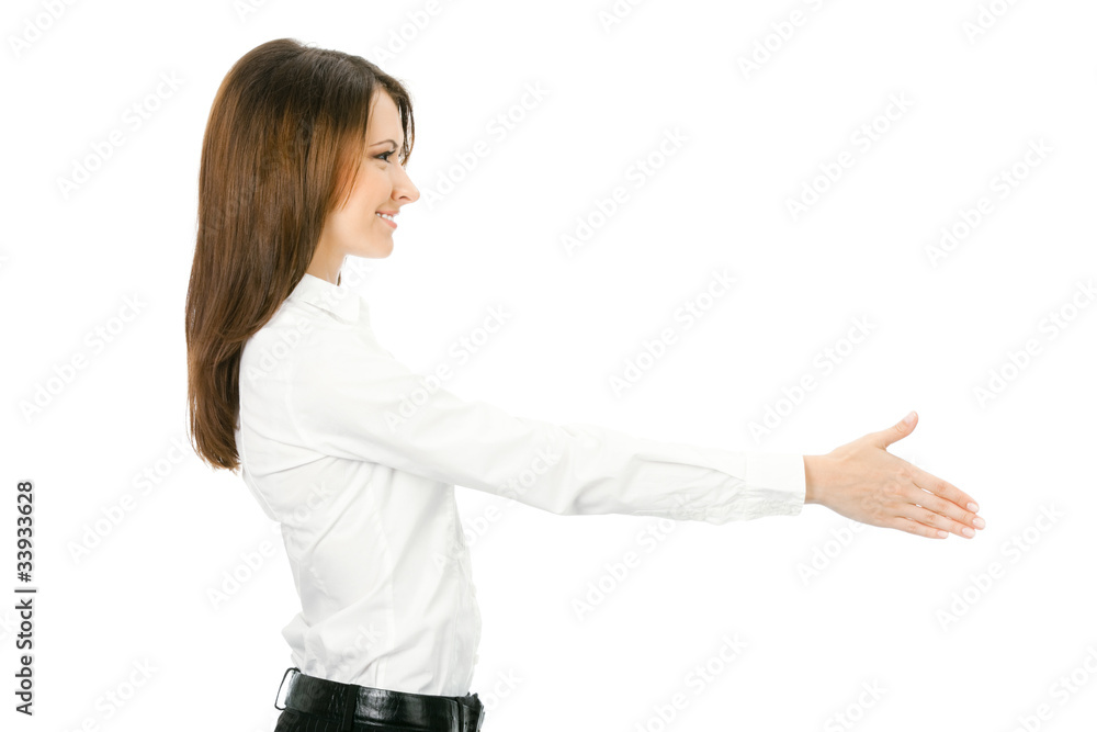 Businesswoman giving hand for handshake, isolated on white Businesswoman giving hand for handshake, isolated on white