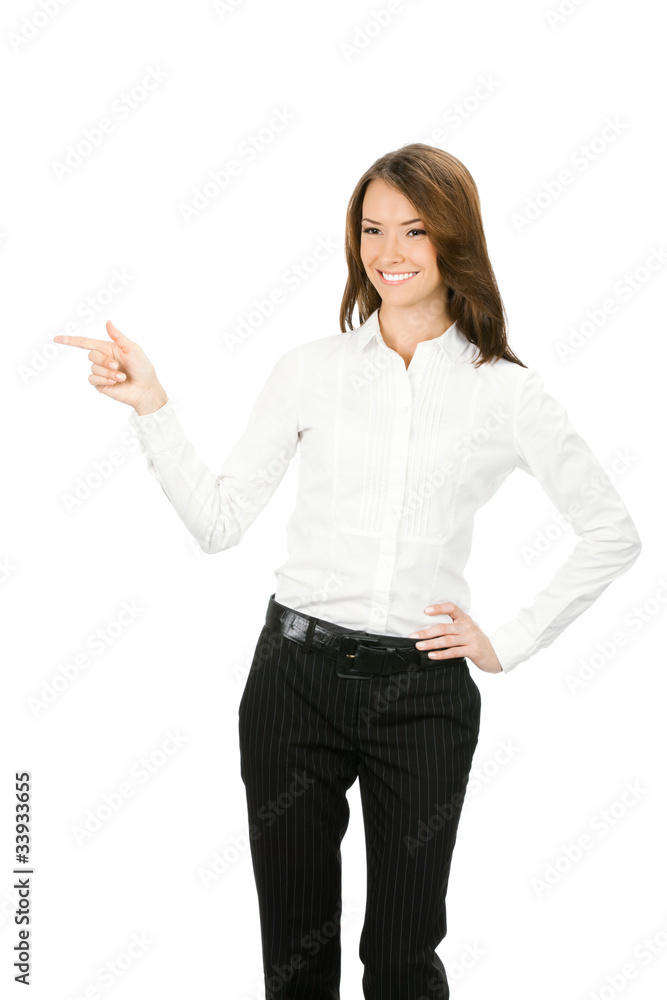 Portrait of business woman showing something, isolated Portrait of business woman showing something, isolated